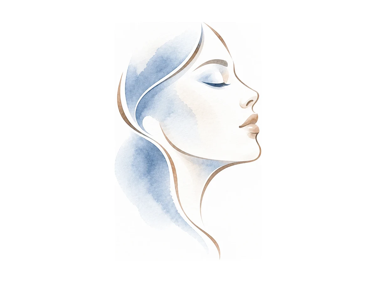 Ilustração em aquarela de perfil feminino, representando cirurgias faciais