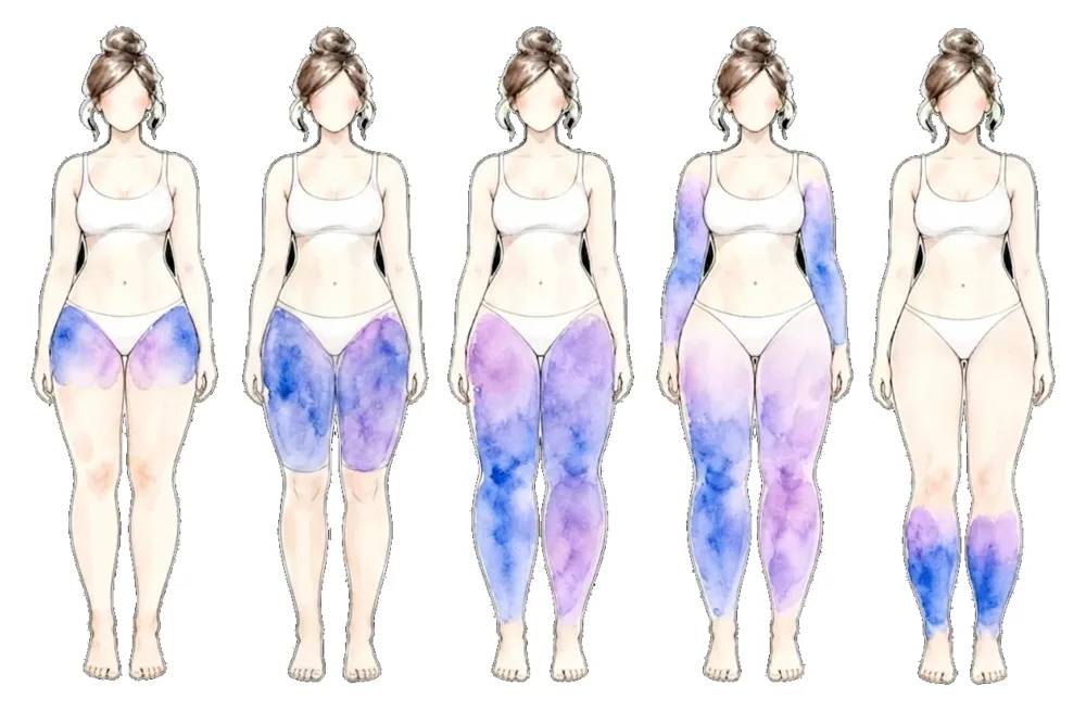 Ilustração dos cinco tipos de lipedema: tipo I nas nádegas e quadris, tipo II até os joelhos, tipo III até os tornozelos, tipo IV nos braços e tipo V nas panturrilhas