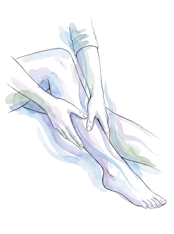 Ilustração em aquarela de drenagem linfática nas pernas