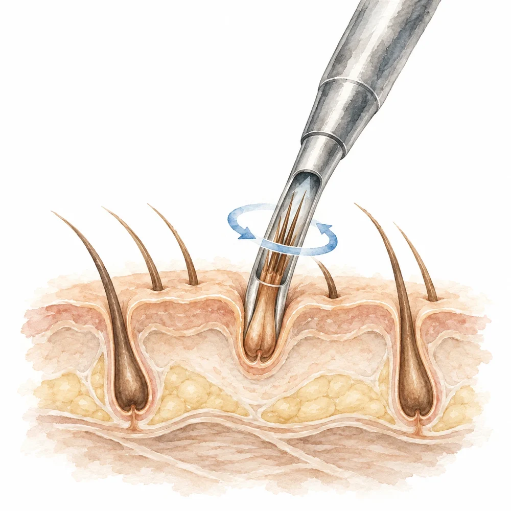 Ilustração de punch extraindo unidade folicular do couro cabeludo