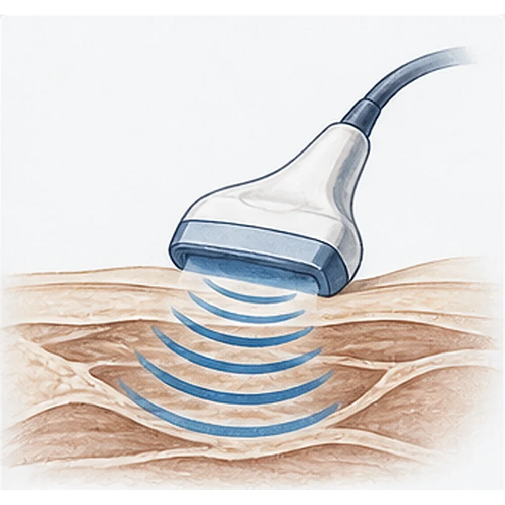 Ilustração de transdutor de ultrassom emitindo ondas sobre as camadas da pele